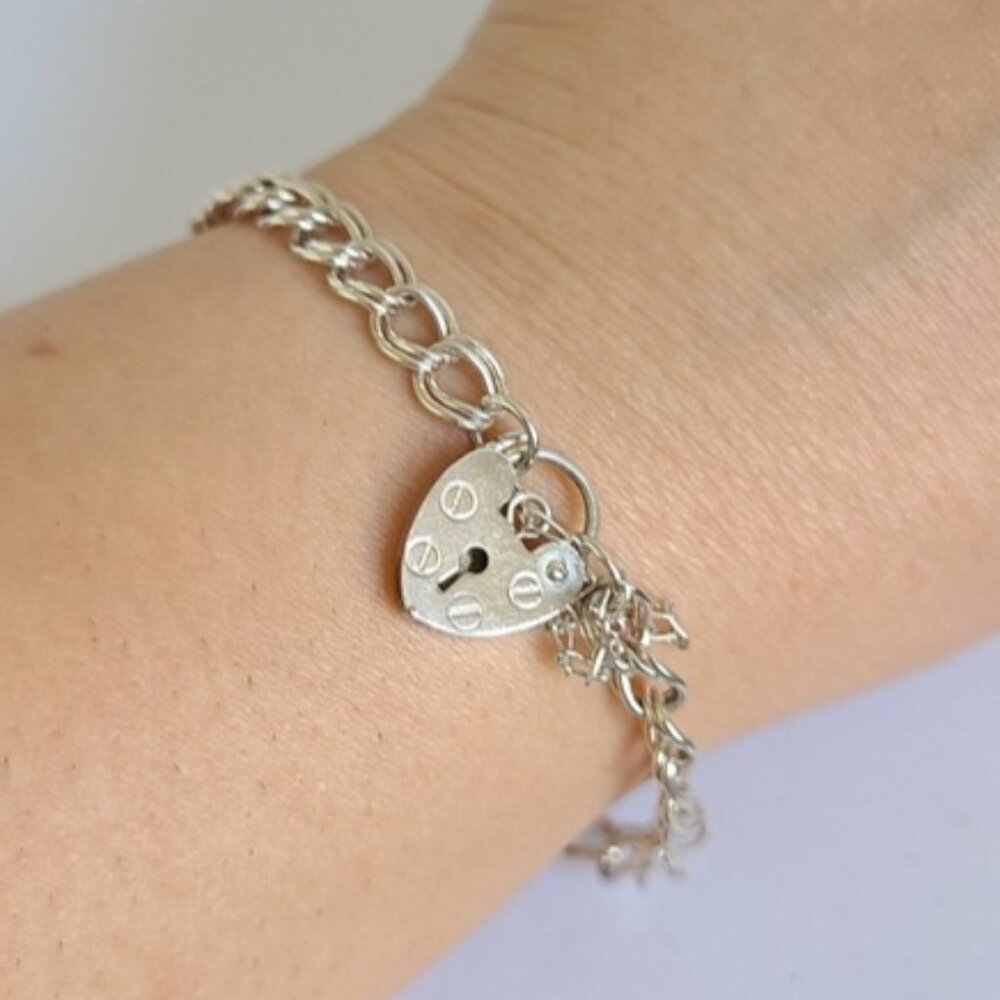 Vintage Double Curb Link Heart Padlock Key Charm Sterling Silver Chain Bracelet